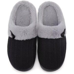 Women's Black Gray Scuff Faux Fur Lining Memory Warm Foam Plush Slippers Shoes